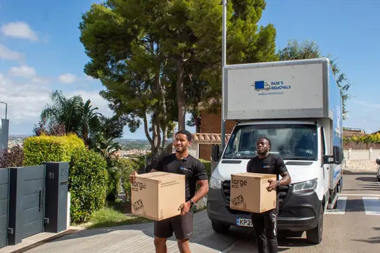 Two Pask's Removals London movers carrying boxes in front of a white Luton van on a hillside street